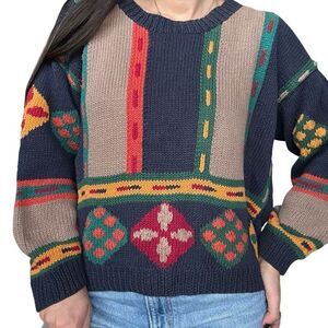 Vintage Multicolor Blue Colorblock Design Crewneck Pullover Sweater Size Medium